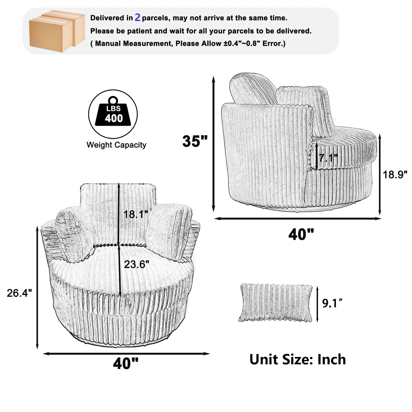 Oversized 360 Degreed Swivel Accent Chair Modern Soft Plush Corduroy Round Barrel Chair for Living Room Bedroom with Pillows, Orange