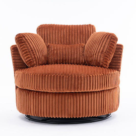 Oversized 360 Degreed Swivel Accent Chair Modern Soft Plush Corduroy Round Barrel Chair for Living Room Bedroom with Pillows, Orange
