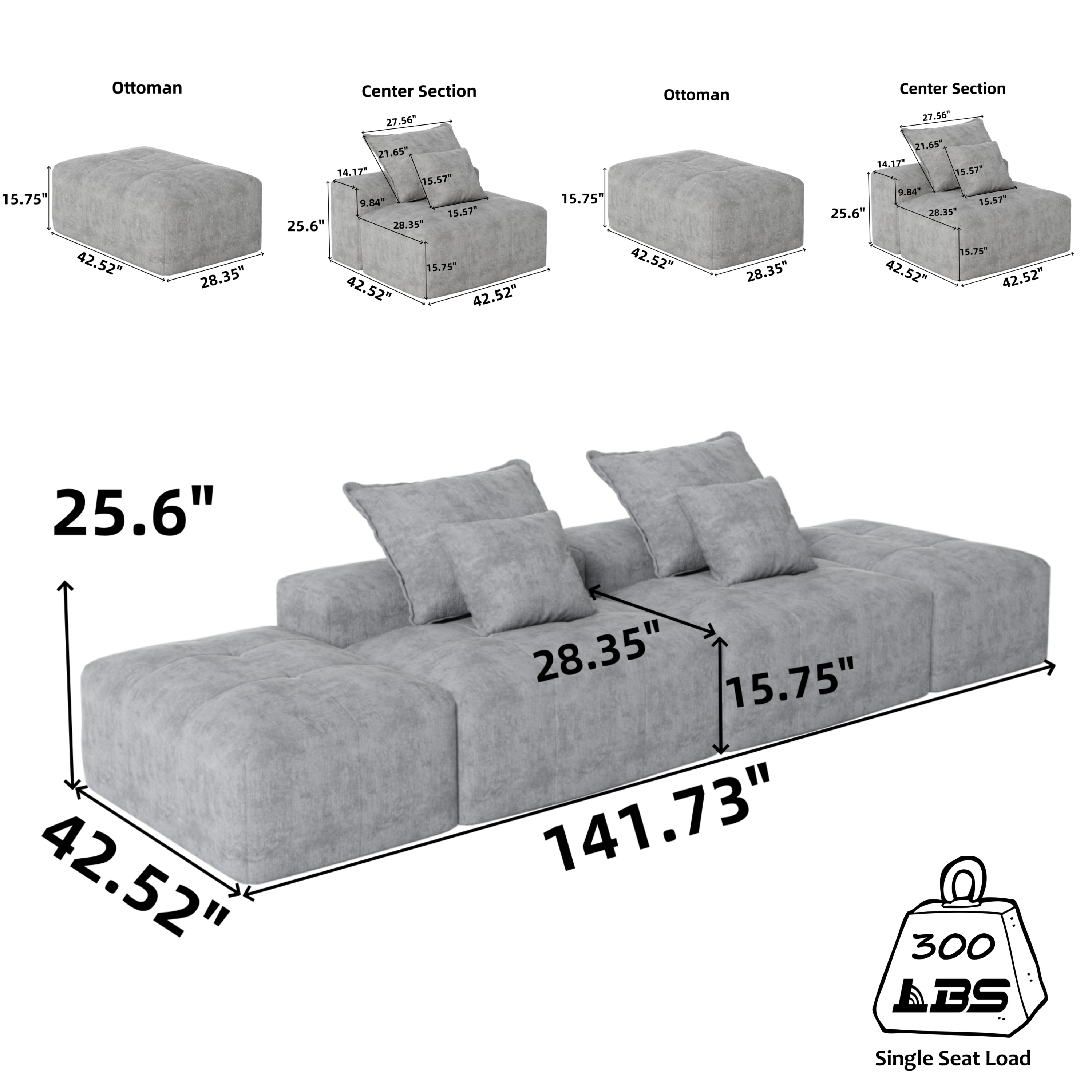 Modern Oversized Modular Sectional Sofa with 2 Ottoman and 2 seat,Sparkling Chenille Fabric Soft Cushion Sofa with 4 Pillows,4 PCS DIY Combination Tufted Sofa,No Assembly Required,BEIGE