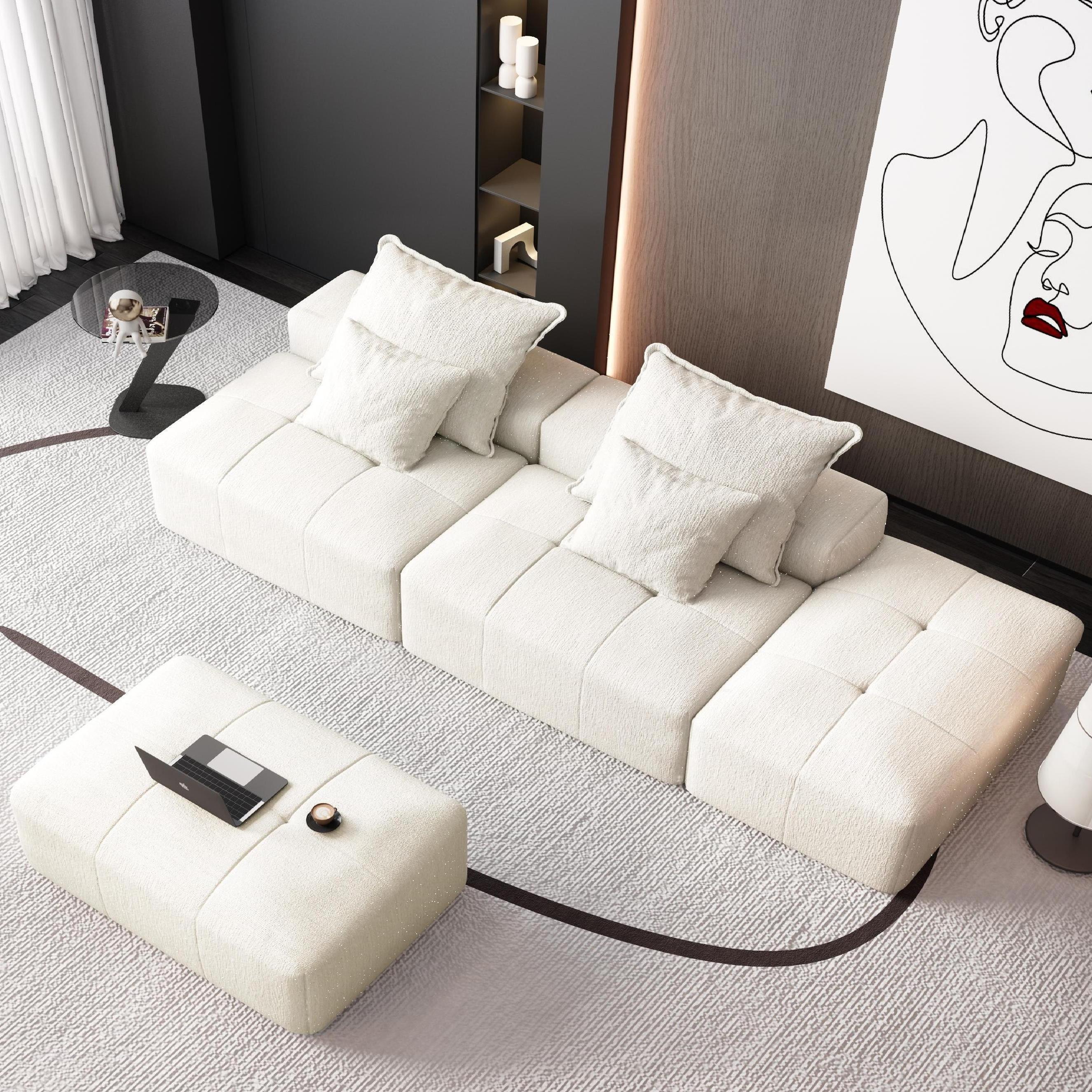 Modern Oversized Modular Sectional Sofa with 2 Ottoman and 2 seat,Sparkling Chenille Fabric Soft Cushion Sofa with 4 Pillows,4 PCS DIY Combination Tufted Sofa,No Assembly Required,BEIGE