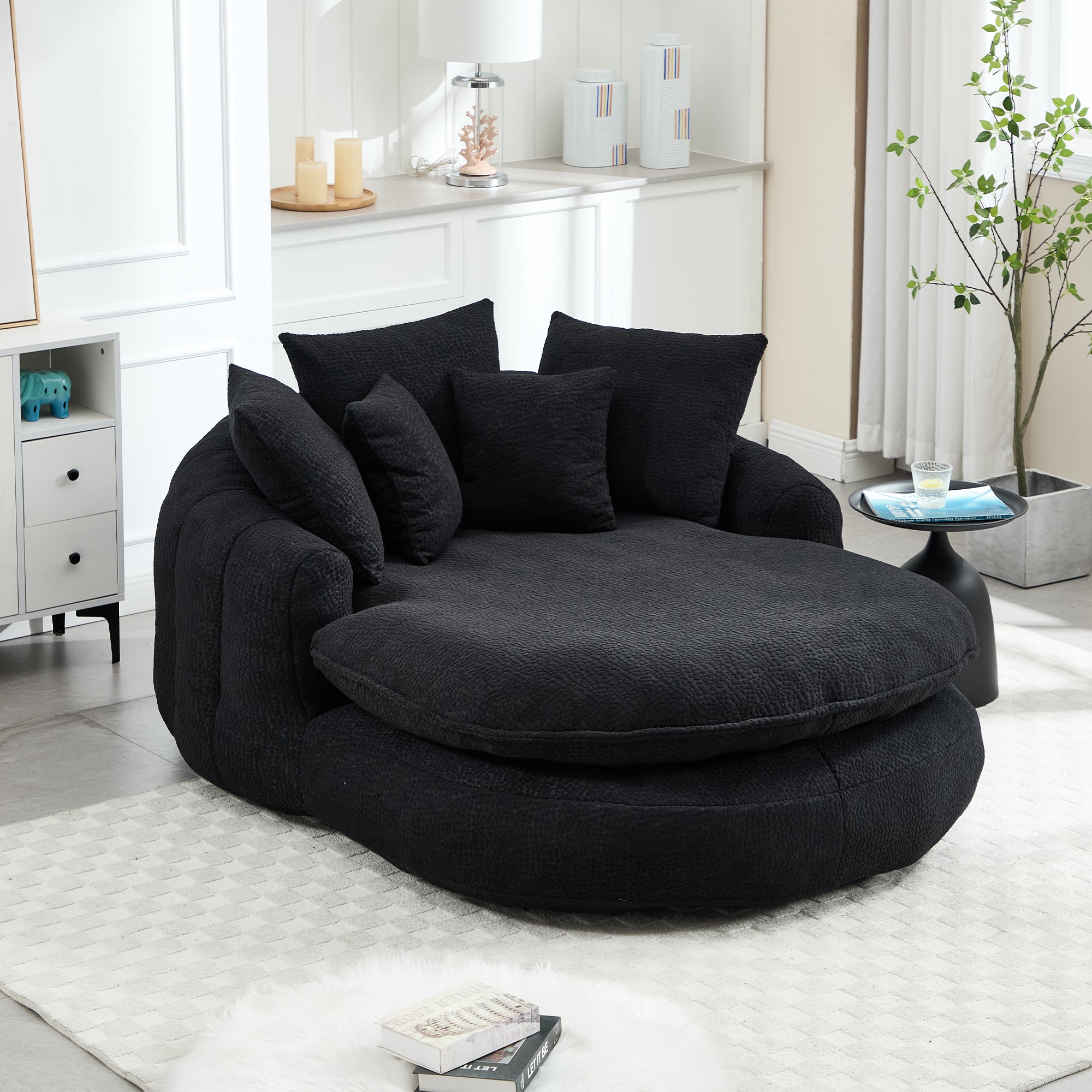 Oversized Oval Upholstered Bean Bag Sofa, Lazy Sofa with 3 Large Pillows and 2 Small Pillows, Wrap Around Backrest for Adults, Chenille Fabric Lazy Floor Bean Bag Sofa Bean Bag Chairs