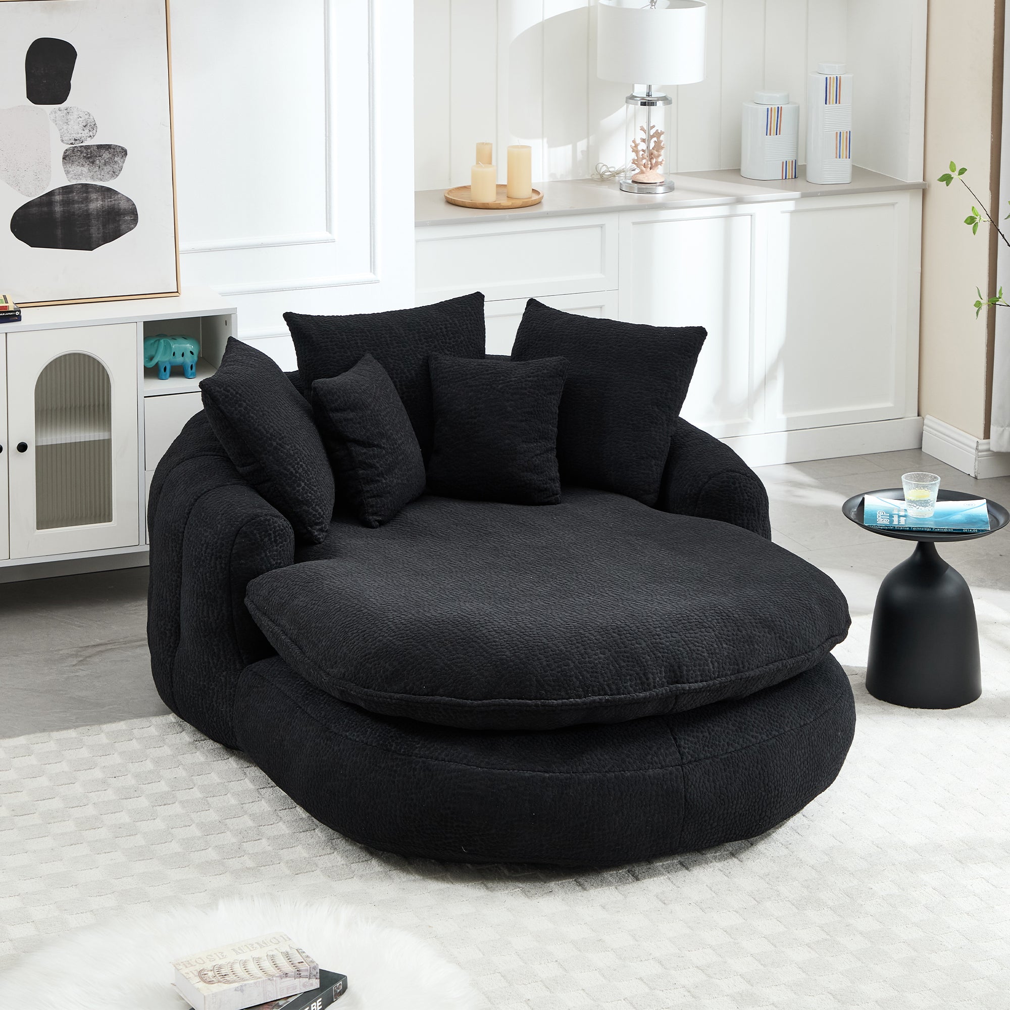Oversized Oval Upholstered Bean Bag Sofa, Lazy Sofa with 3 Large Pillows and 2 Small Pillows, Wrap Around Backrest for Adults, Chenille Fabric Lazy Floor Bean Bag Sofa Bean Bag Chairs