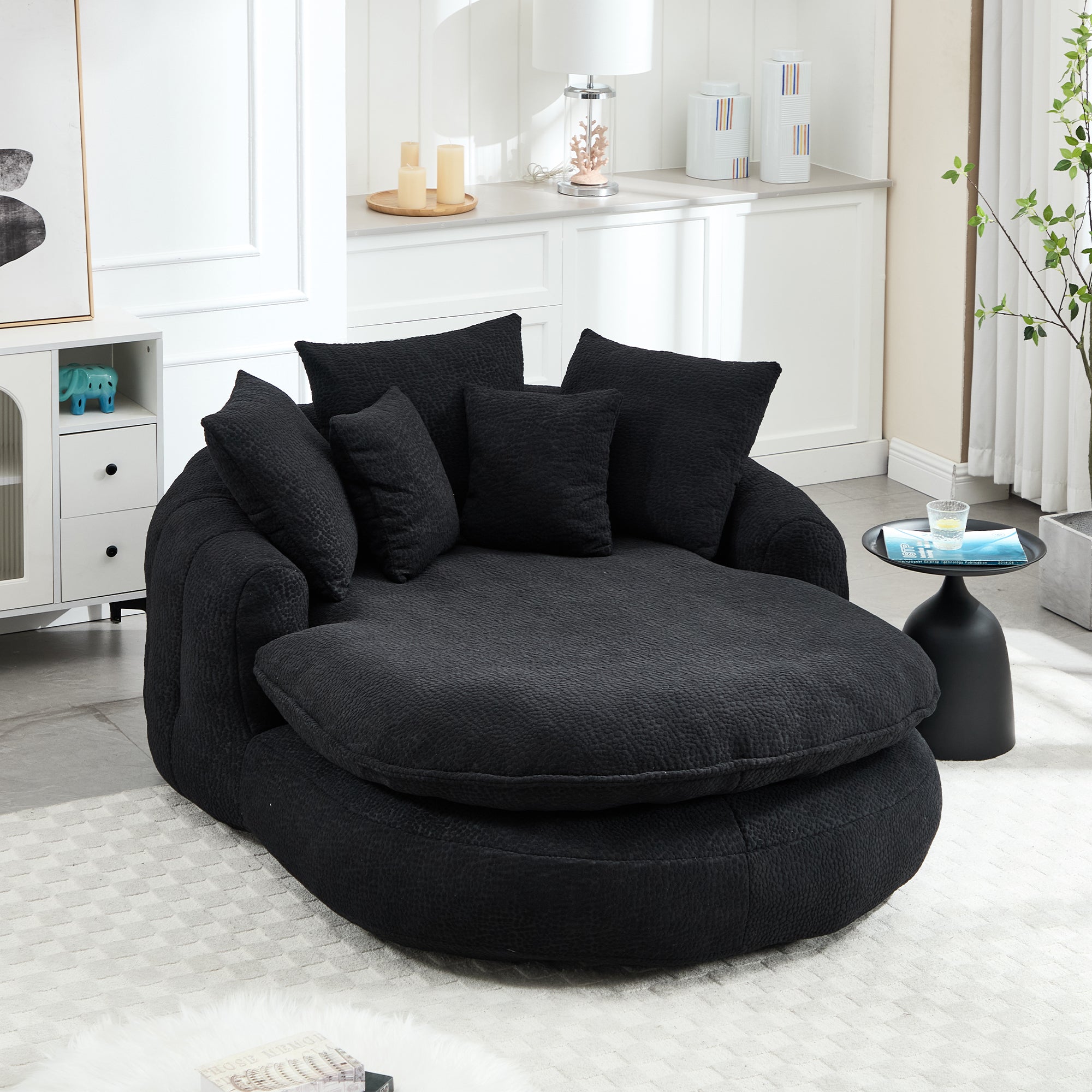 Oversized Oval Upholstered Bean Bag Sofa, Lazy Sofa with 3 Large Pillows and 2 Small Pillows, Wrap Around Backrest for Adults, Chenille Fabric Lazy Floor Bean Bag Sofa Bean Bag Chairs