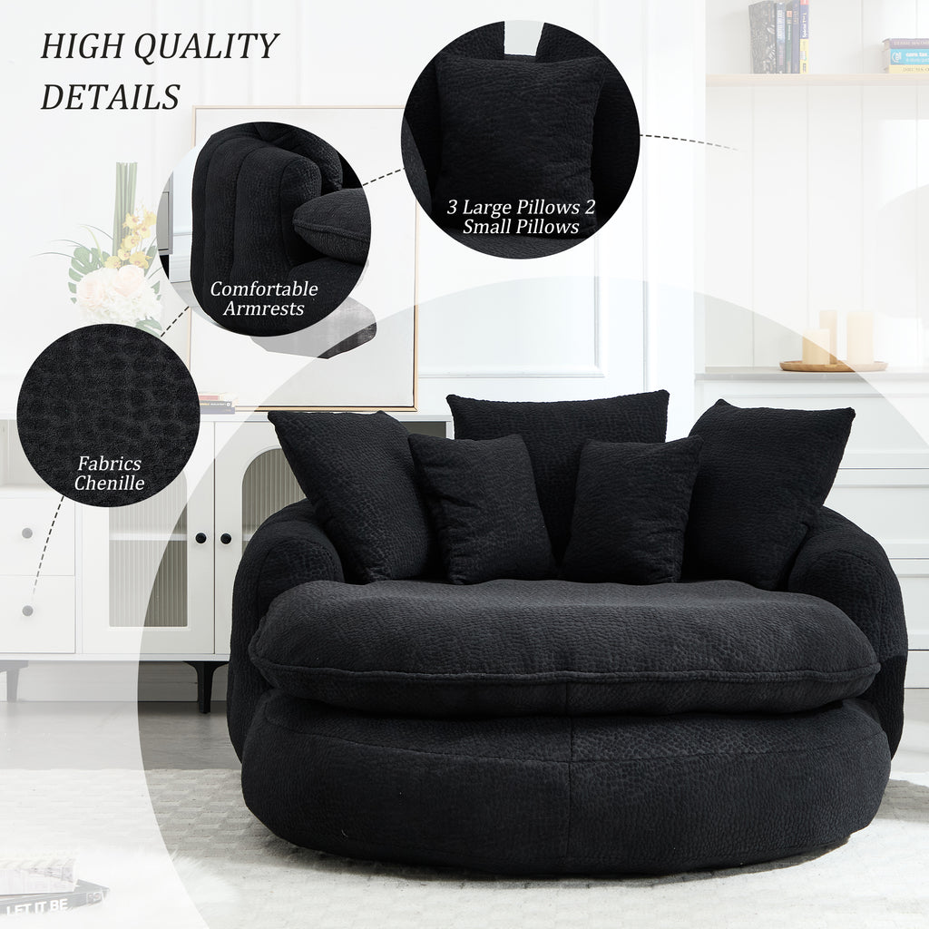 Oversized Oval Upholstered Bean Bag Sofa, Lazy Sofa with 3 Large Pillows and 2 Small Pillows, Wrap Around Backrest for Adults, Chenille Fabric Lazy Floor Bean Bag Sofa Bean Bag Chairs