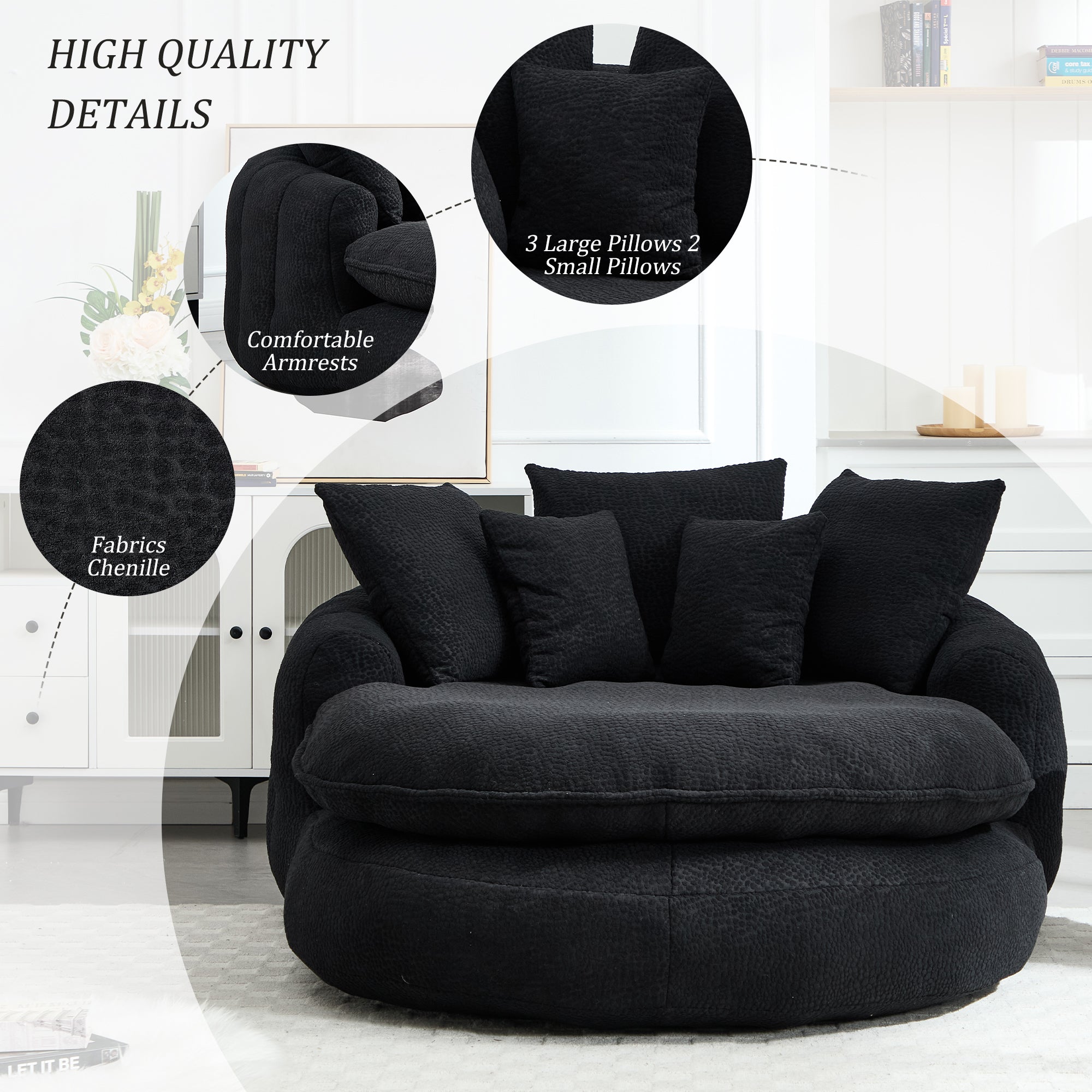 Oversized Oval Upholstered Bean Bag Sofa, Lazy Sofa with 3 Large Pillows and 2 Small Pillows, Wrap Around Backrest for Adults, Chenille Fabric Lazy Floor Bean Bag Sofa Bean Bag Chairs