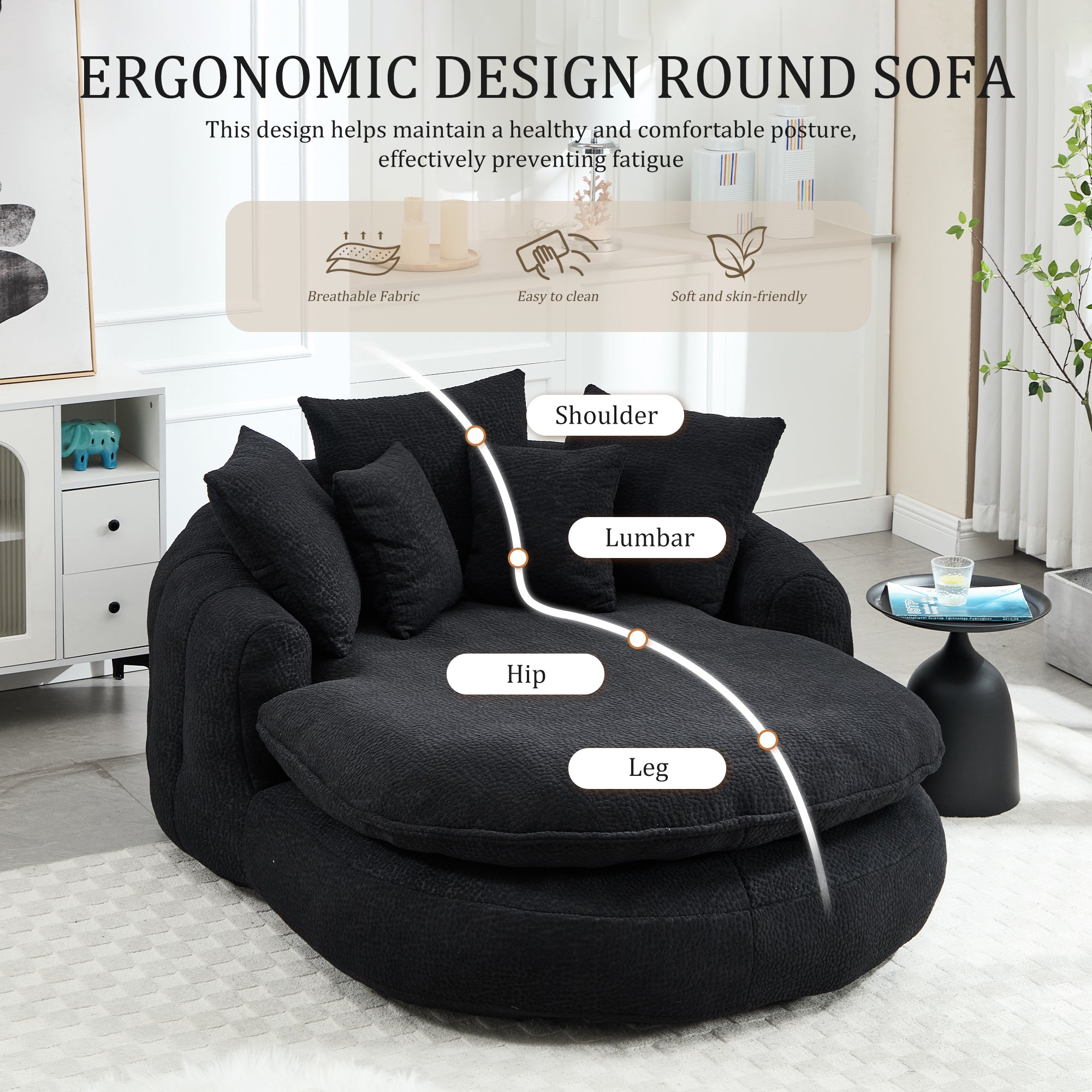 Oversized Oval Upholstered Bean Bag Sofa, Lazy Sofa with 3 Large Pillows and 2 Small Pillows, Wrap Around Backrest for Adults, Chenille Fabric Lazy Floor Bean Bag Sofa Bean Bag Chairs