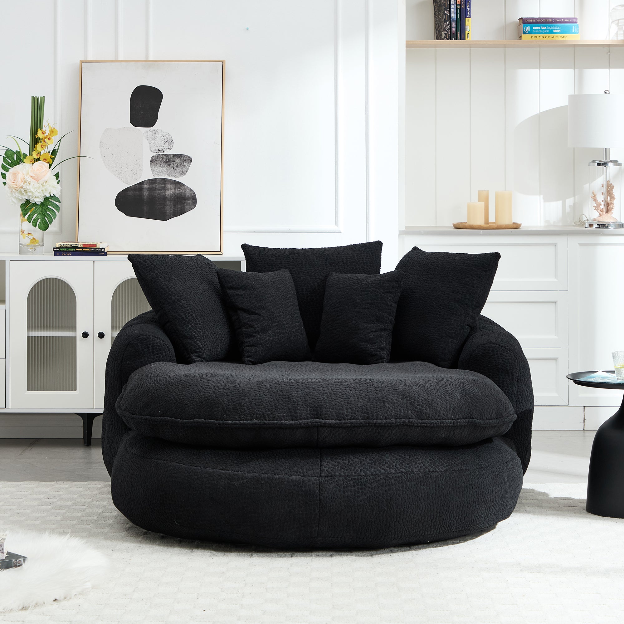 Oversized Oval Upholstered Bean Bag Sofa, Lazy Sofa with 3 Large Pillows and 2 Small Pillows, Wrap Around Backrest for Adults, Chenille Fabric Lazy Floor Bean Bag Sofa Bean Bag Chairs