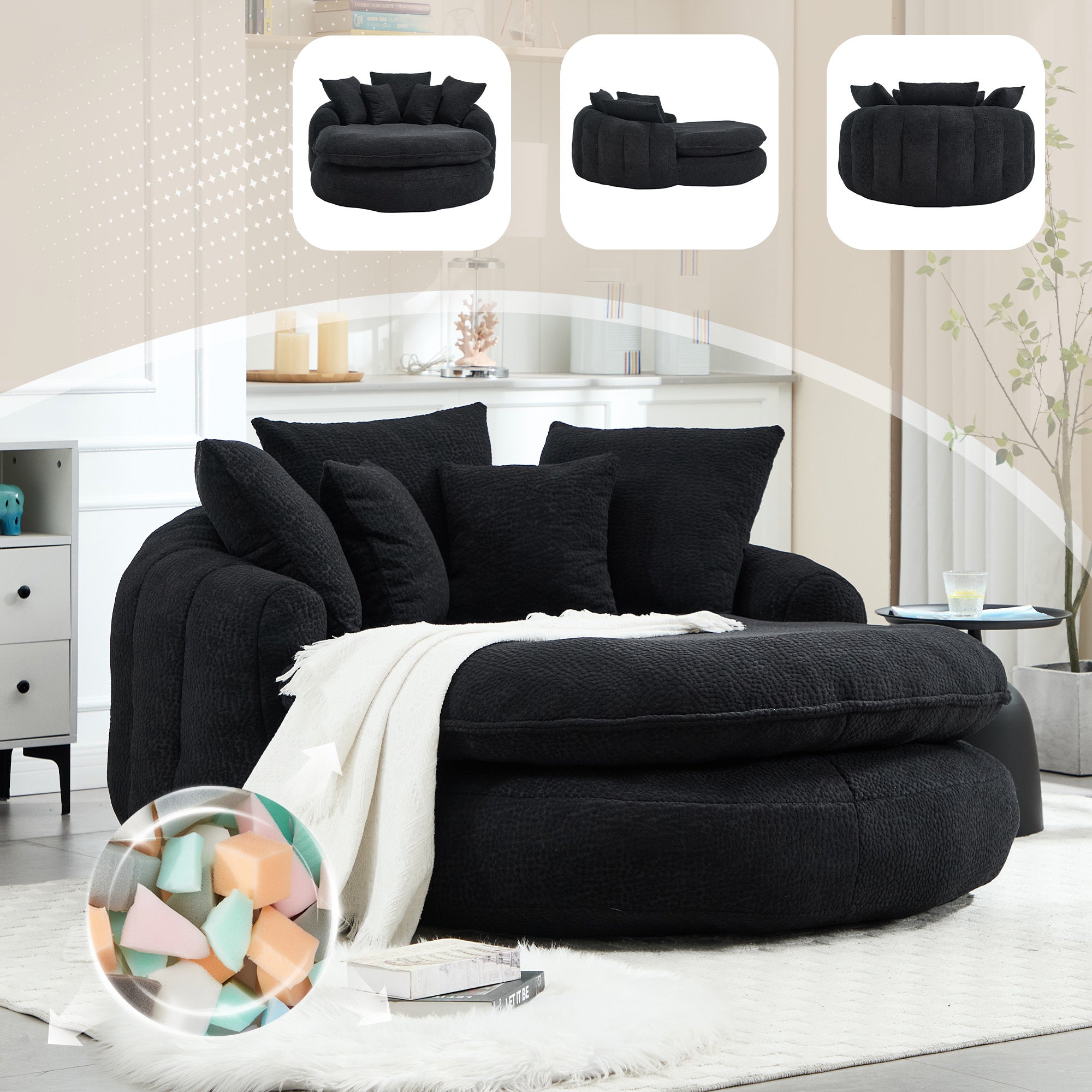 Oversized Oval Upholstered Bean Bag Sofa, Lazy Sofa with 3 Large Pillows and 2 Small Pillows, Wrap Around Backrest for Adults, Chenille Fabric Lazy Floor Bean Bag Sofa Bean Bag Chairs