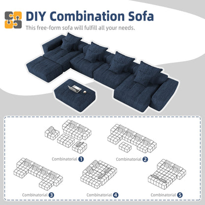 Modern Oversized Modular Sectional Sofa,Sparkling Chenille Fabric Soft Cushion Sofa with 8 Pillows,8 PCS DIY Combination Tufted Sofa,No Assembly Required,BLUE