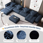 Oversized Blue Chenille Modular Sectional Sofa, Tufted.