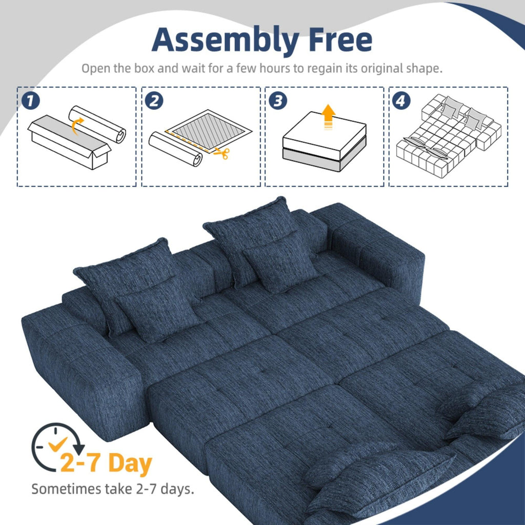 Oversized Blue Chenille Modular Sectional Sofa, Tufted.