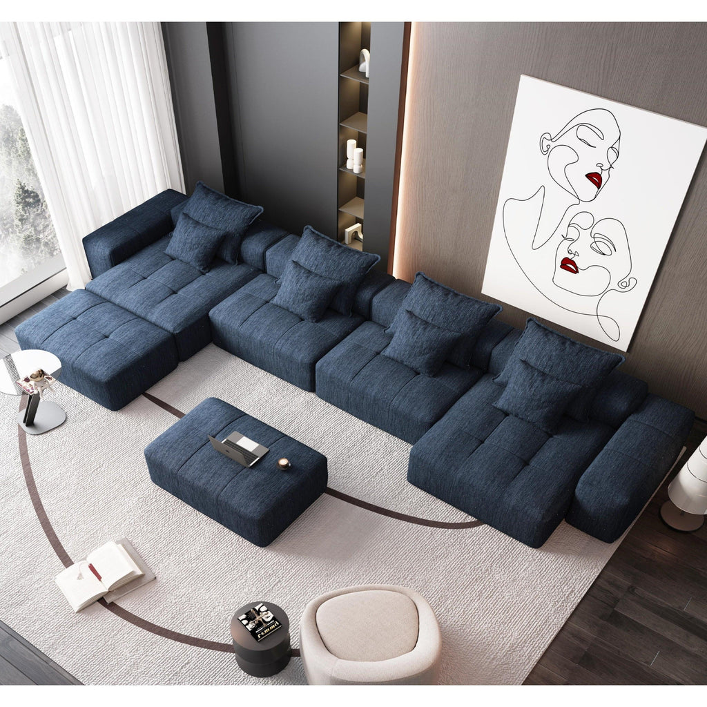 Oversized Blue Chenille Modular Sectional Sofa, Tufted.