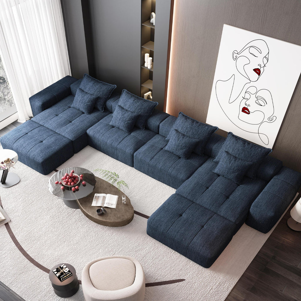 Oversized Blue Chenille Modular Sectional Sofa, Tufted.