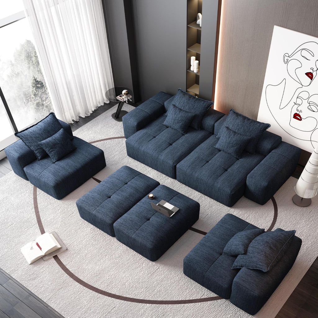 Oversized Blue Chenille Modular Sectional Sofa, Tufted.