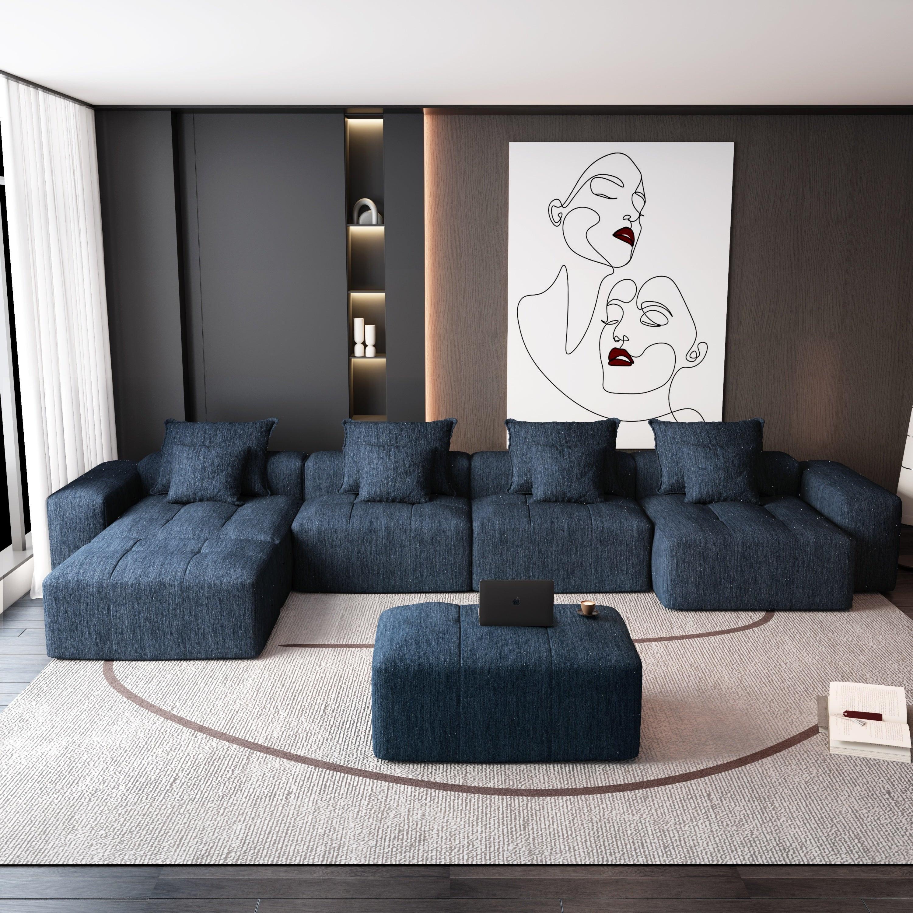Oversized Blue Chenille Modular Sectional Sofa, Tufted.