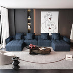Oversized Blue Chenille Modular Sectional Sofa, Tufted.