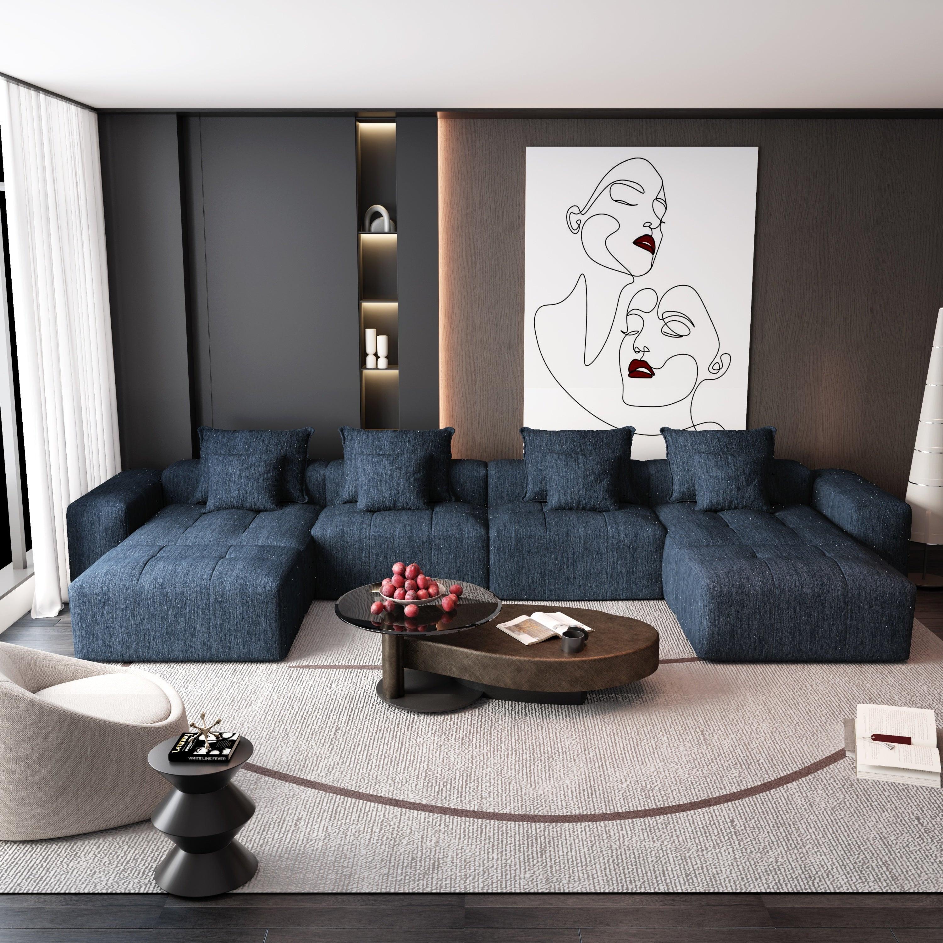 Oversized Blue Chenille Modular Sectional Sofa, Tufted.