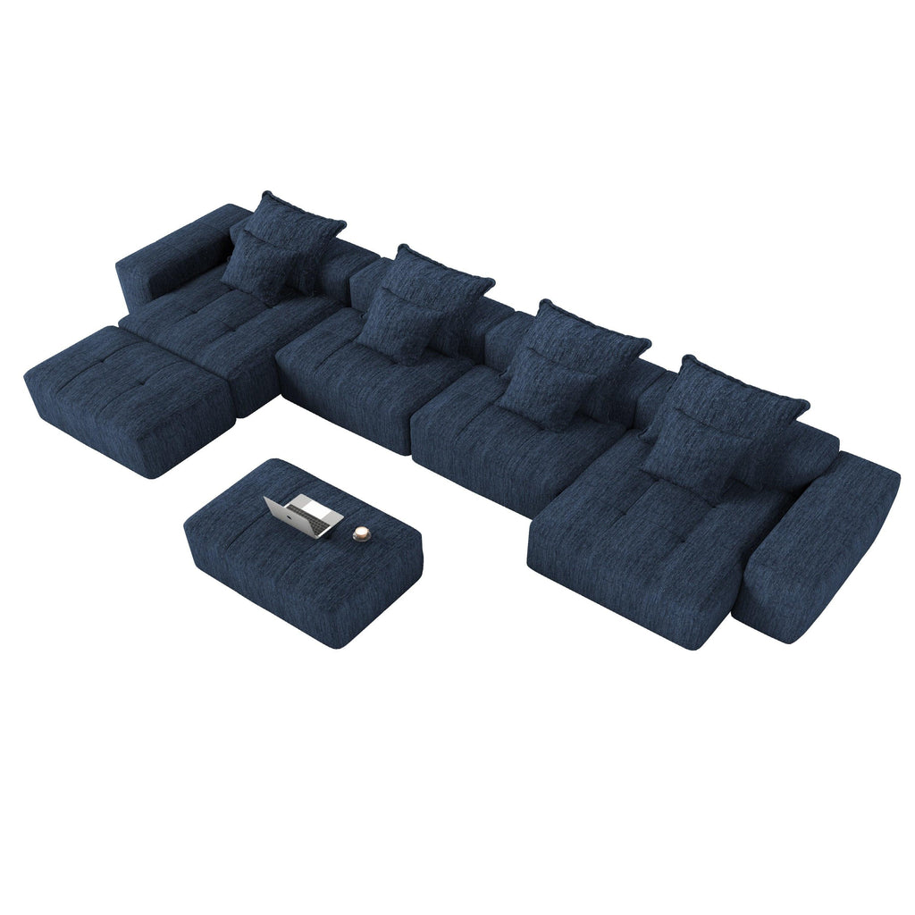 Oversized Blue Chenille Modular Sectional Sofa, Tufted.