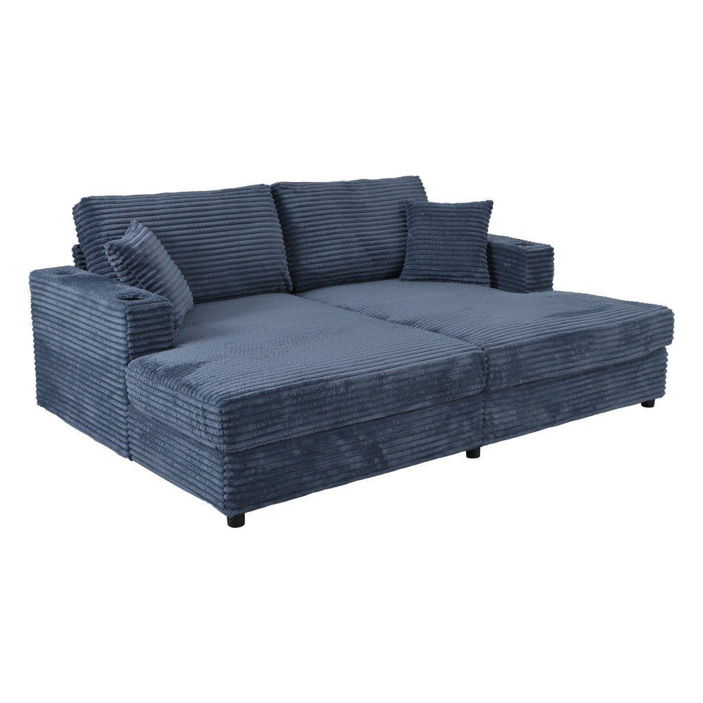 86.5 Oversized Loveseat Chaise Lounge Sectional Sofa Bed Corduroy Sleeper Sofa with Two USB Ports , Two Cup Holders and Two Throw Pillows for Living Room and Bedroom, Blue