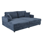 86.5 Oversized Loveseat Chaise Lounge Sectional Sofa Bed Corduroy Sleeper Sofa with Two USB Ports , Two Cup Holders and Two Throw Pillows for Living Room and Bedroom, Blue