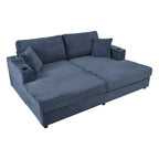 86.5 Oversized Loveseat Chaise Lounge Sectional Sofa Bed Corduroy Sleeper Sofa with Two USB Ports , Two Cup Holders and Two Throw Pillows for Living Room and Bedroom, Blue