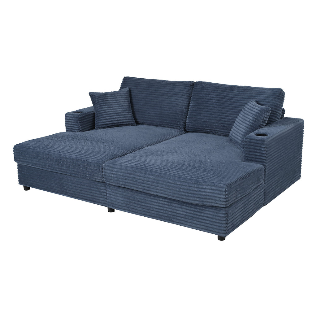 86.5 Oversized Loveseat Chaise Lounge Sectional Sofa Bed Corduroy Sleeper Sofa with Two USB Ports , Two Cup Holders and Two Throw Pillows for Living Room and Bedroom, Blue