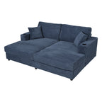 86.5 Oversized Loveseat Chaise Lounge Sectional Sofa Bed Corduroy Sleeper Sofa with Two USB Ports , Two Cup Holders and Two Throw Pillows for Living Room and Bedroom, Blue
