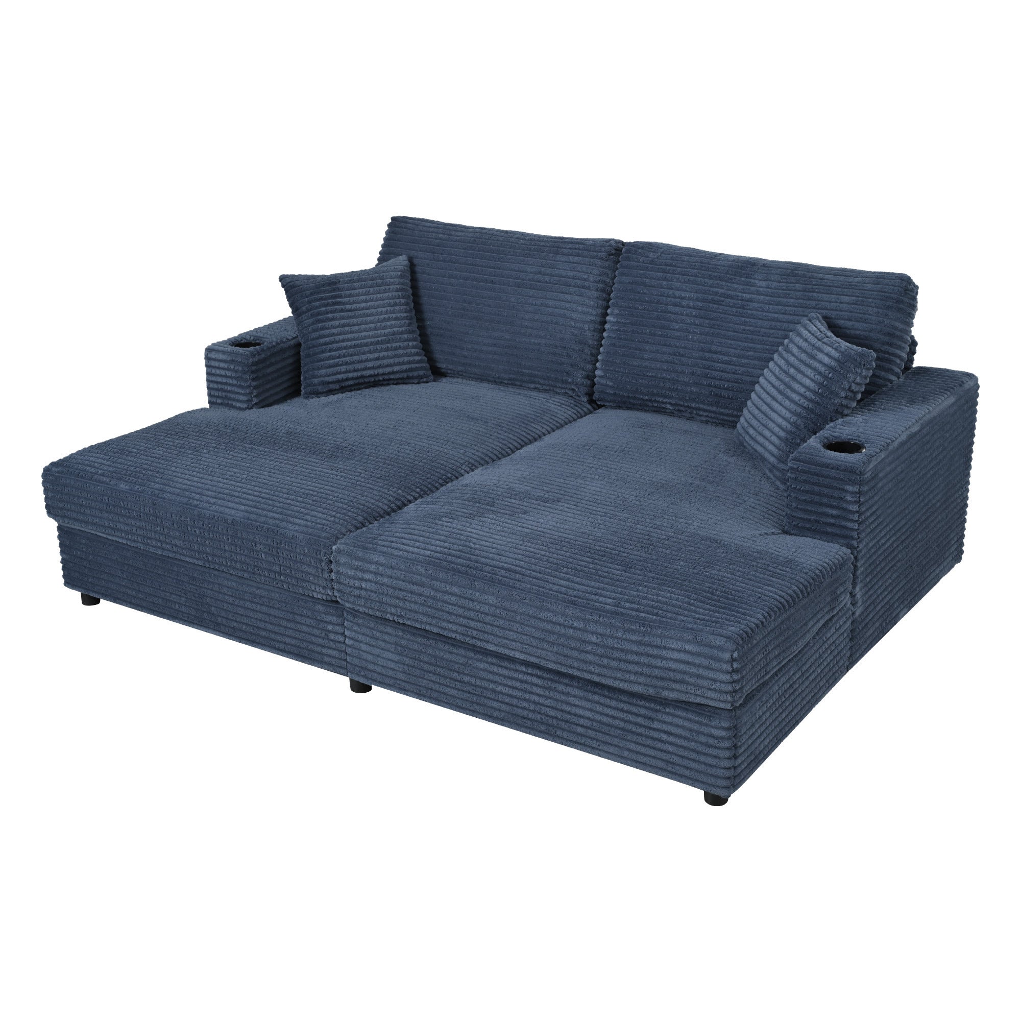86.5 Oversized Loveseat Chaise Lounge Sectional Sofa Bed Corduroy Sleeper Sofa with Two USB Ports , Two Cup Holders and Two Throw Pillows for Living Room and Bedroom, Blue