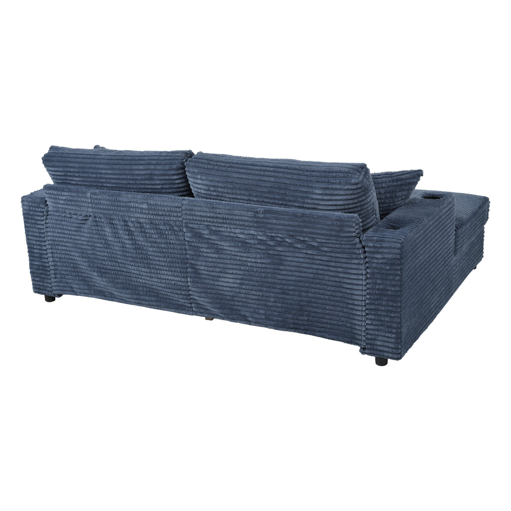 86.5 Oversized Loveseat Chaise Lounge Sectional Sofa Bed Corduroy Sleeper Sofa with Two USB Ports , Two Cup Holders and Two Throw Pillows for Living Room and Bedroom, Blue