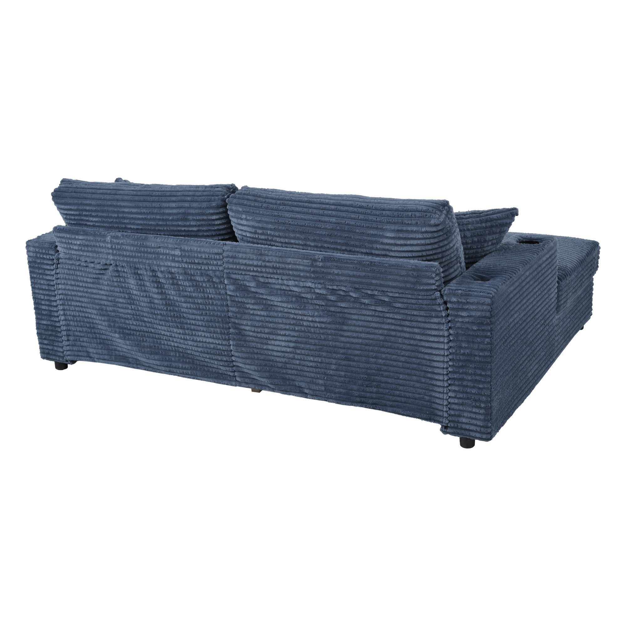 86.5 Oversized Loveseat Chaise Lounge Sectional Sofa Bed Corduroy Sleeper Sofa with Two USB Ports , Two Cup Holders and Two Throw Pillows for Living Room and Bedroom, Blue