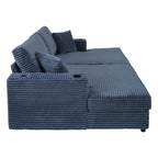 86.5 Oversized Loveseat Chaise Lounge Sectional Sofa Bed Corduroy Sleeper Sofa with Two USB Ports , Two Cup Holders and Two Throw Pillows for Living Room and Bedroom, Blue