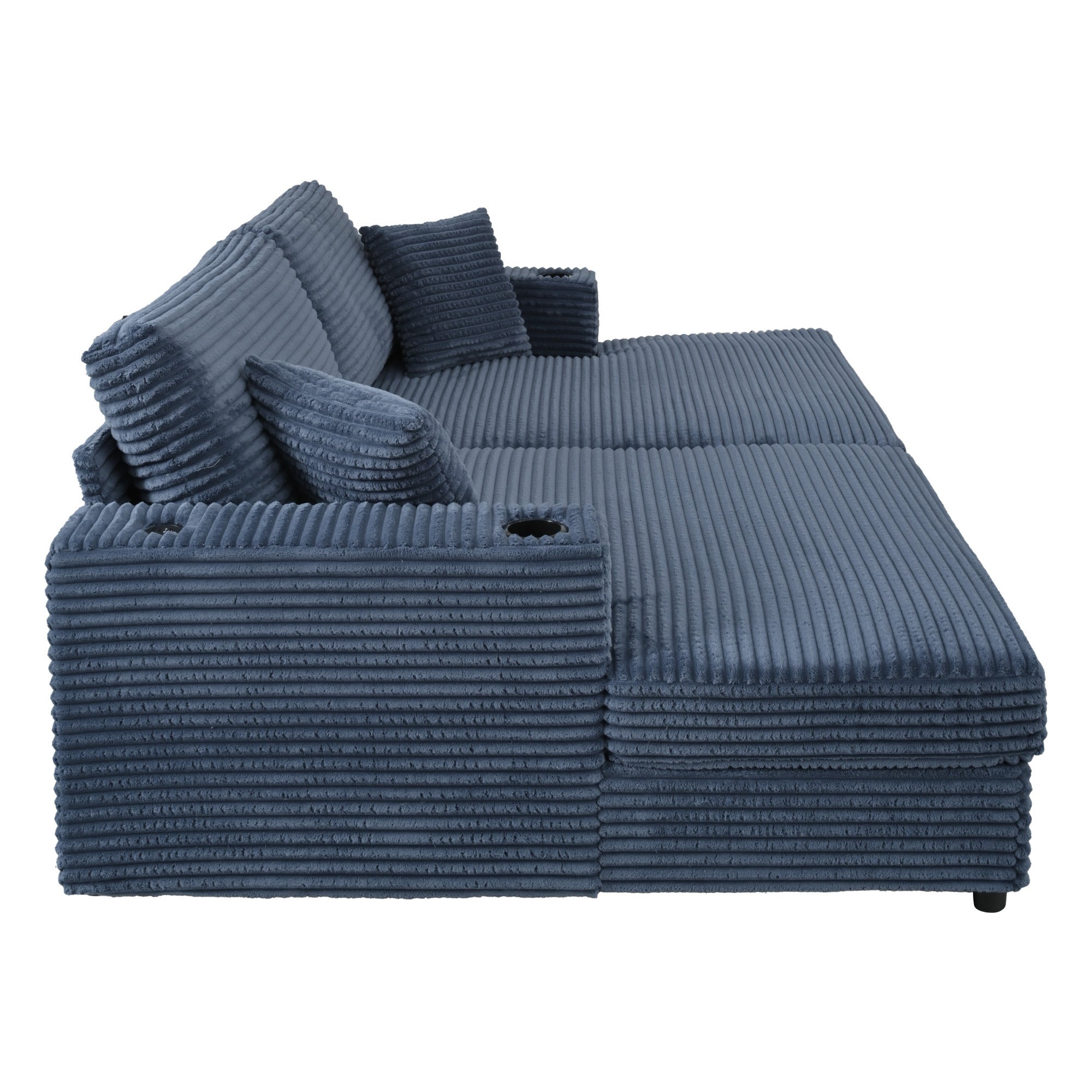 86.5 Oversized Loveseat Chaise Lounge Sectional Sofa Bed Corduroy Sleeper Sofa with Two USB Ports , Two Cup Holders and Two Throw Pillows for Living Room and Bedroom, Blue