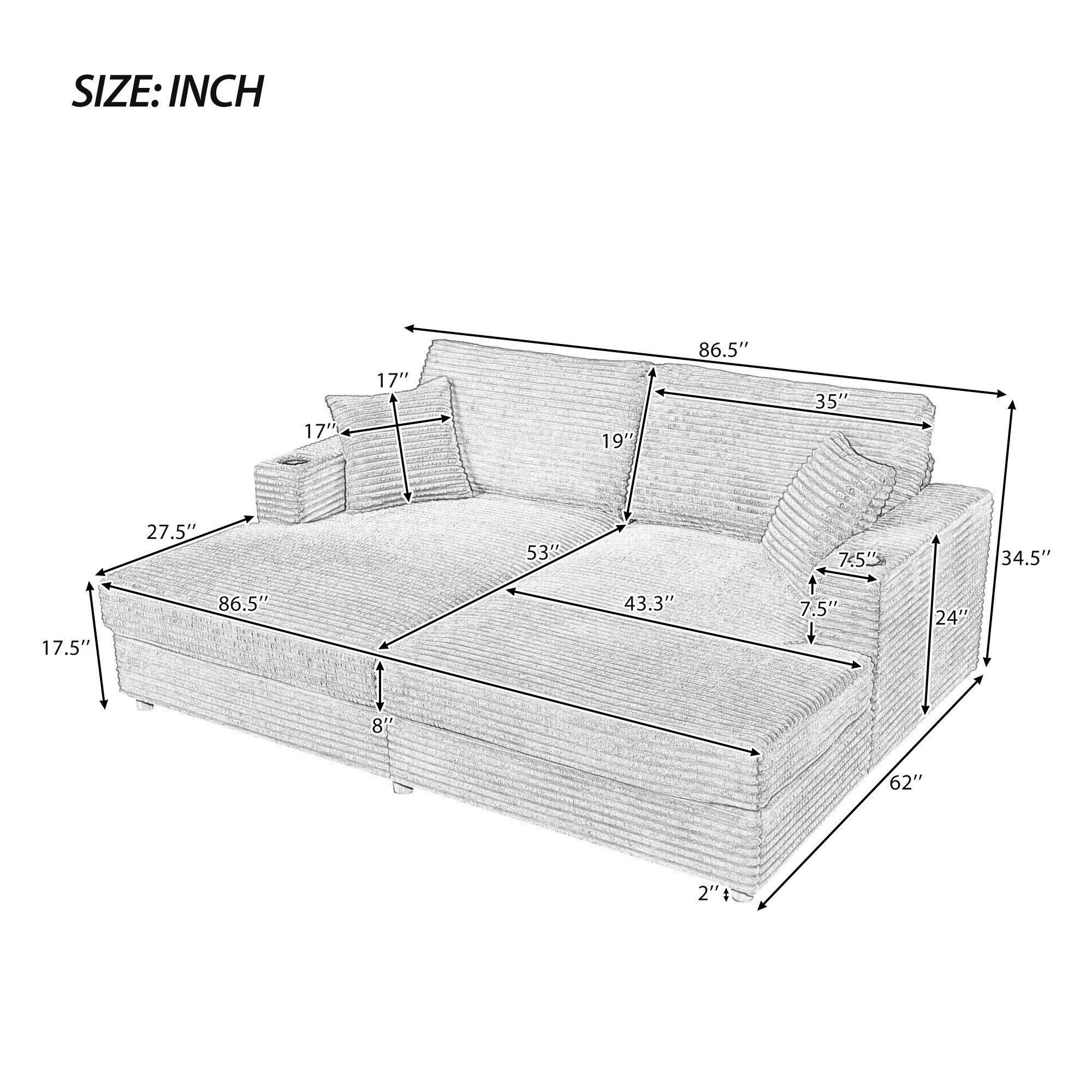 86.5 Oversized Loveseat Chaise Lounge Sectional Sofa Bed Corduroy Sleeper Sofa with Two USB Ports , Two Cup Holders and Two Throw Pillows for Living Room and Bedroom, Blue
