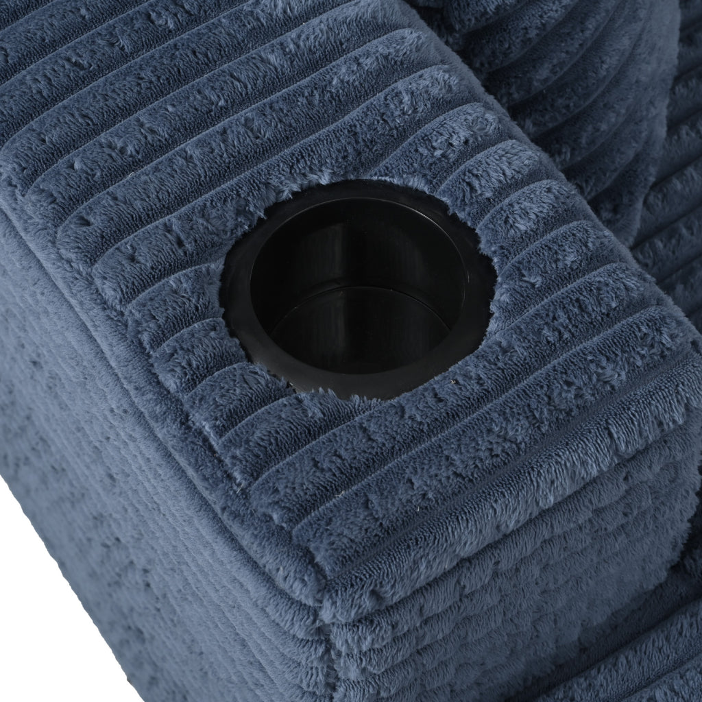 86.5 Oversized Loveseat Chaise Lounge Sectional Sofa Bed Corduroy Sleeper Sofa with Two USB Ports , Two Cup Holders and Two Throw Pillows for Living Room and Bedroom, Blue