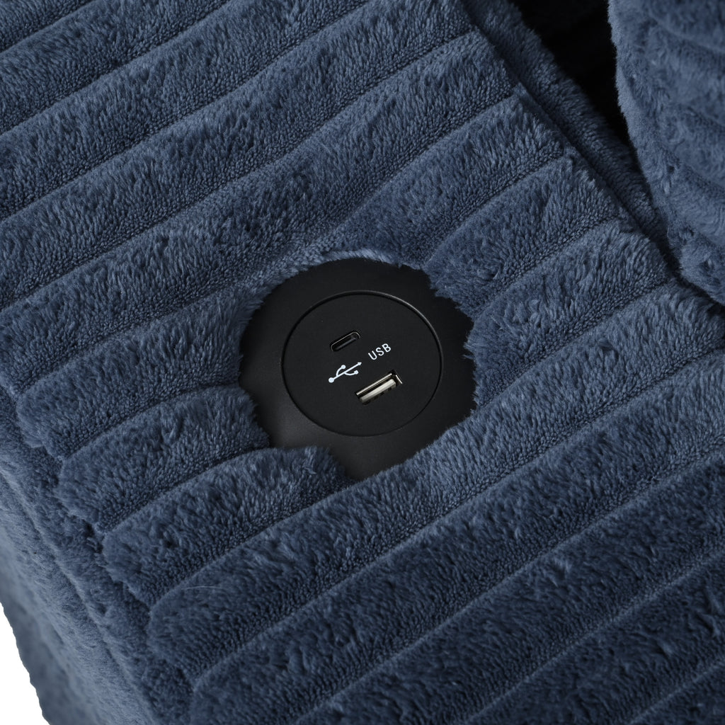 86.5 Oversized Loveseat Chaise Lounge Sectional Sofa Bed Corduroy Sleeper Sofa with Two USB Ports , Two Cup Holders and Two Throw Pillows for Living Room and Bedroom, Blue