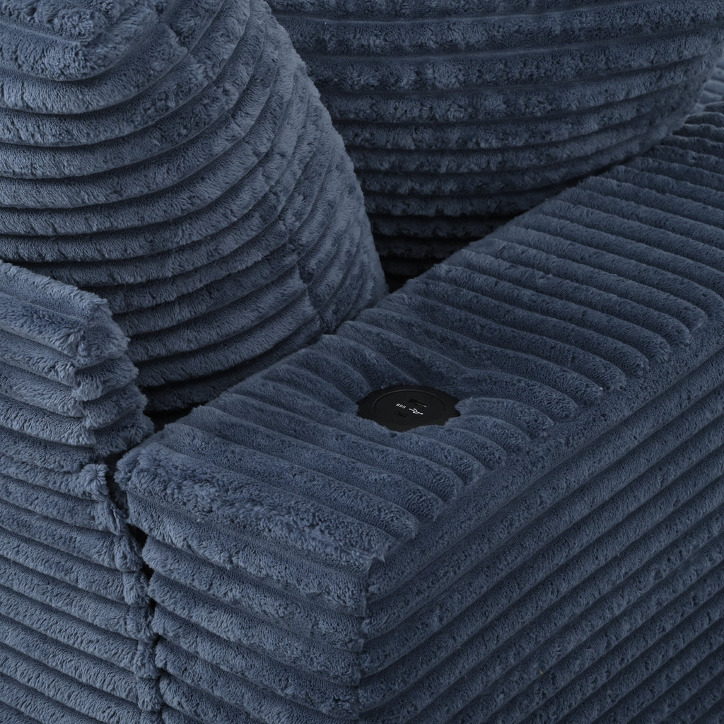 86.5 Oversized Loveseat Chaise Lounge Sectional Sofa Bed Corduroy Sleeper Sofa with Two USB Ports , Two Cup Holders and Two Throw Pillows for Living Room and Bedroom, Blue