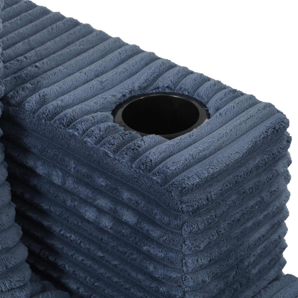 86.5 Oversized Loveseat Chaise Lounge Sectional Sofa Bed Corduroy Sleeper Sofa with Two USB Ports , Two Cup Holders and Two Throw Pillows for Living Room and Bedroom, Blue