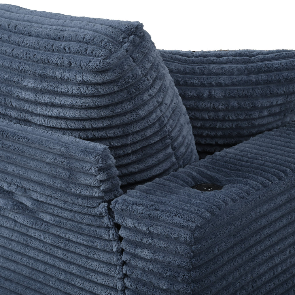 86.5 Oversized Loveseat Chaise Lounge Sectional Sofa Bed Corduroy Sleeper Sofa with Two USB Ports , Two Cup Holders and Two Throw Pillows for Living Room and Bedroom, Blue