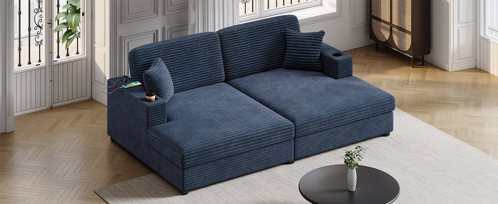 86.5 Oversized Loveseat Chaise Lounge Sectional Sofa Bed Corduroy Sleeper Sofa with Two USB Ports , Two Cup Holders and Two Throw Pillows for Living Room and Bedroom, Blue