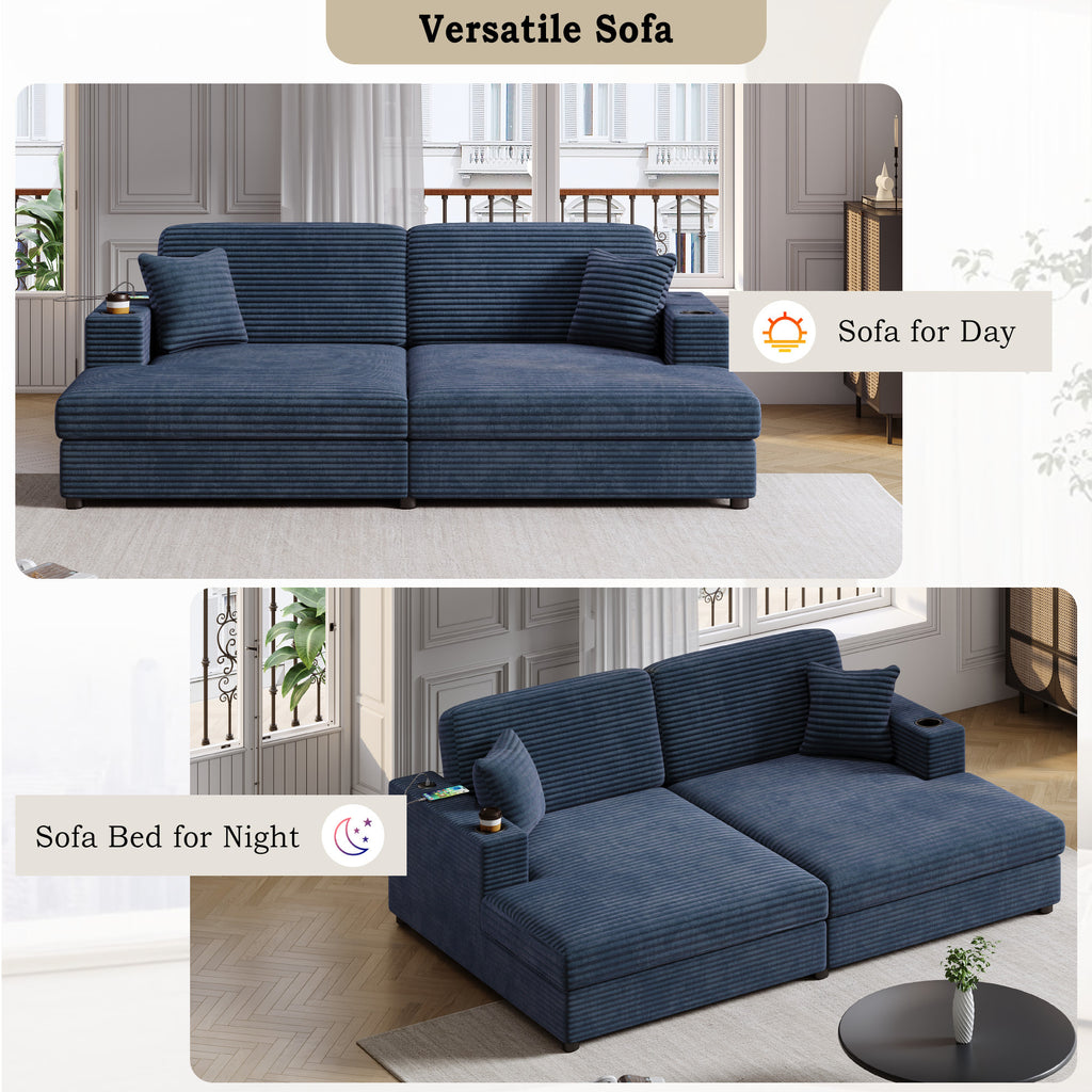 86.5 Oversized Loveseat Chaise Lounge Sectional Sofa Bed Corduroy Sleeper Sofa with Two USB Ports , Two Cup Holders and Two Throw Pillows for Living Room and Bedroom, Blue