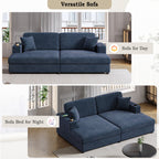 86.5 Oversized Loveseat Chaise Lounge Sectional Sofa Bed Corduroy Sleeper Sofa with Two USB Ports , Two Cup Holders and Two Throw Pillows for Living Room and Bedroom, Blue