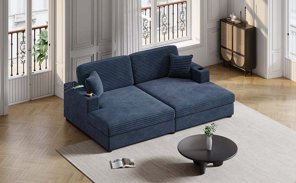 86.5 Oversized Loveseat Chaise Lounge Sectional Sofa Bed Corduroy Sleeper Sofa with Two USB Ports , Two Cup Holders and Two Throw Pillows for Living Room and Bedroom, Blue