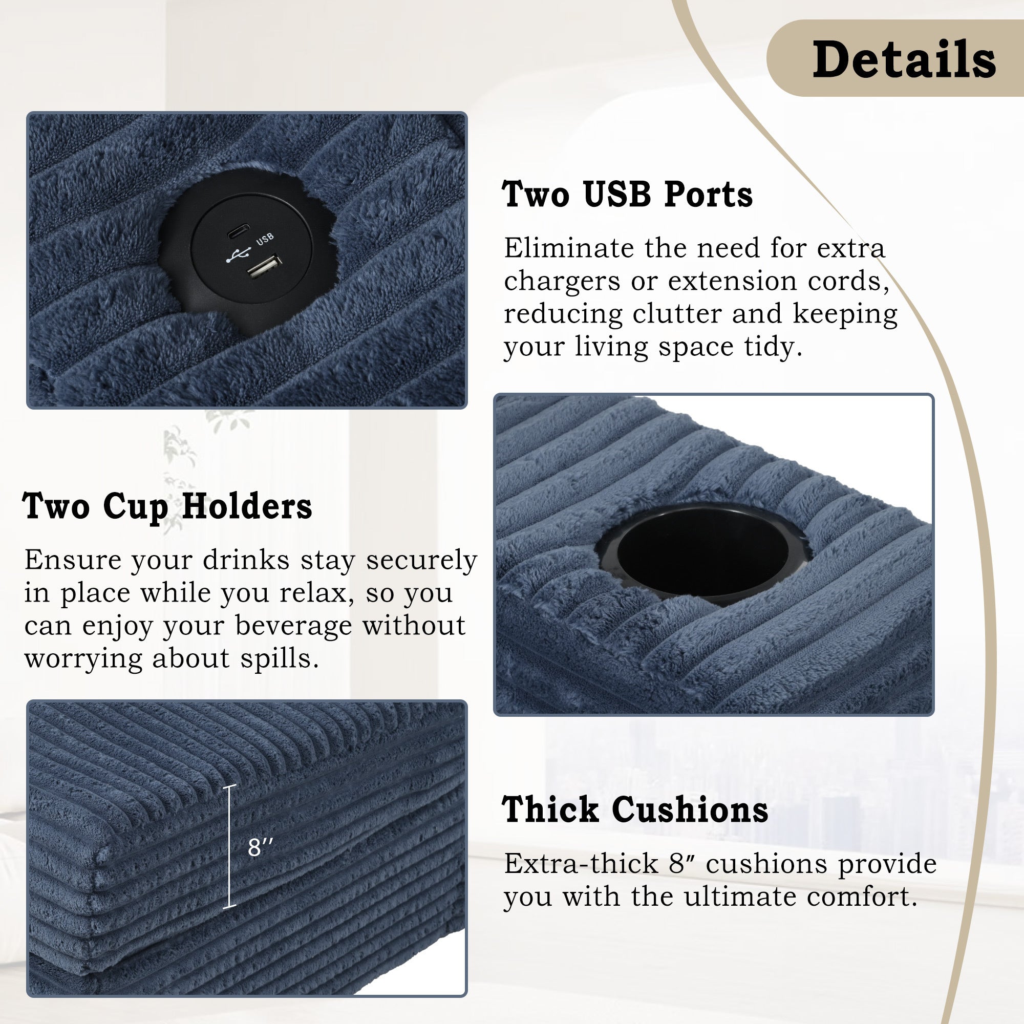 86.5 Oversized Loveseat Chaise Lounge Sectional Sofa Bed Corduroy Sleeper Sofa with Two USB Ports , Two Cup Holders and Two Throw Pillows for Living Room and Bedroom, Blue