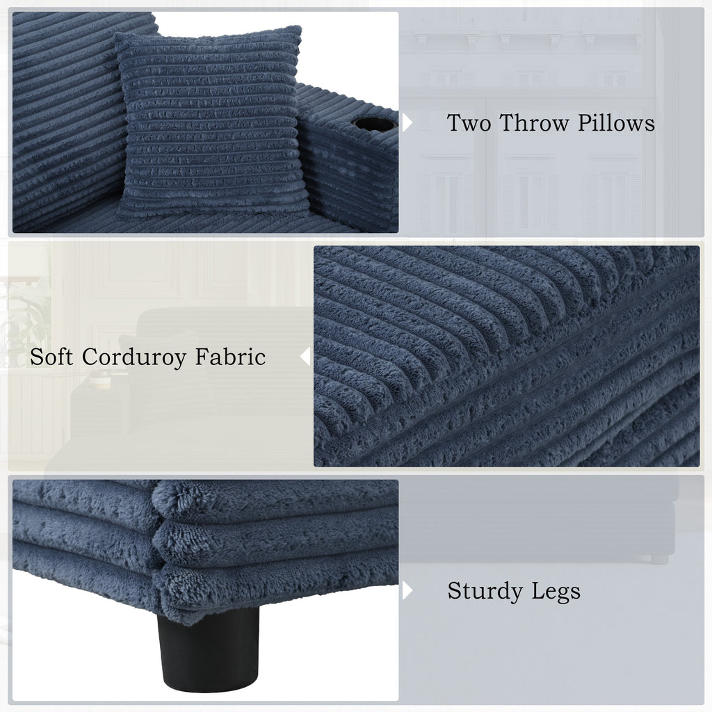 86.5 Oversized Loveseat Chaise Lounge Sectional Sofa Bed Corduroy Sleeper Sofa with Two USB Ports , Two Cup Holders and Two Throw Pillows for Living Room and Bedroom, Blue