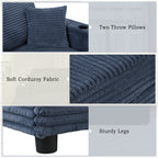 86.5 Oversized Loveseat Chaise Lounge Sectional Sofa Bed Corduroy Sleeper Sofa with Two USB Ports , Two Cup Holders and Two Throw Pillows for Living Room and Bedroom, Blue