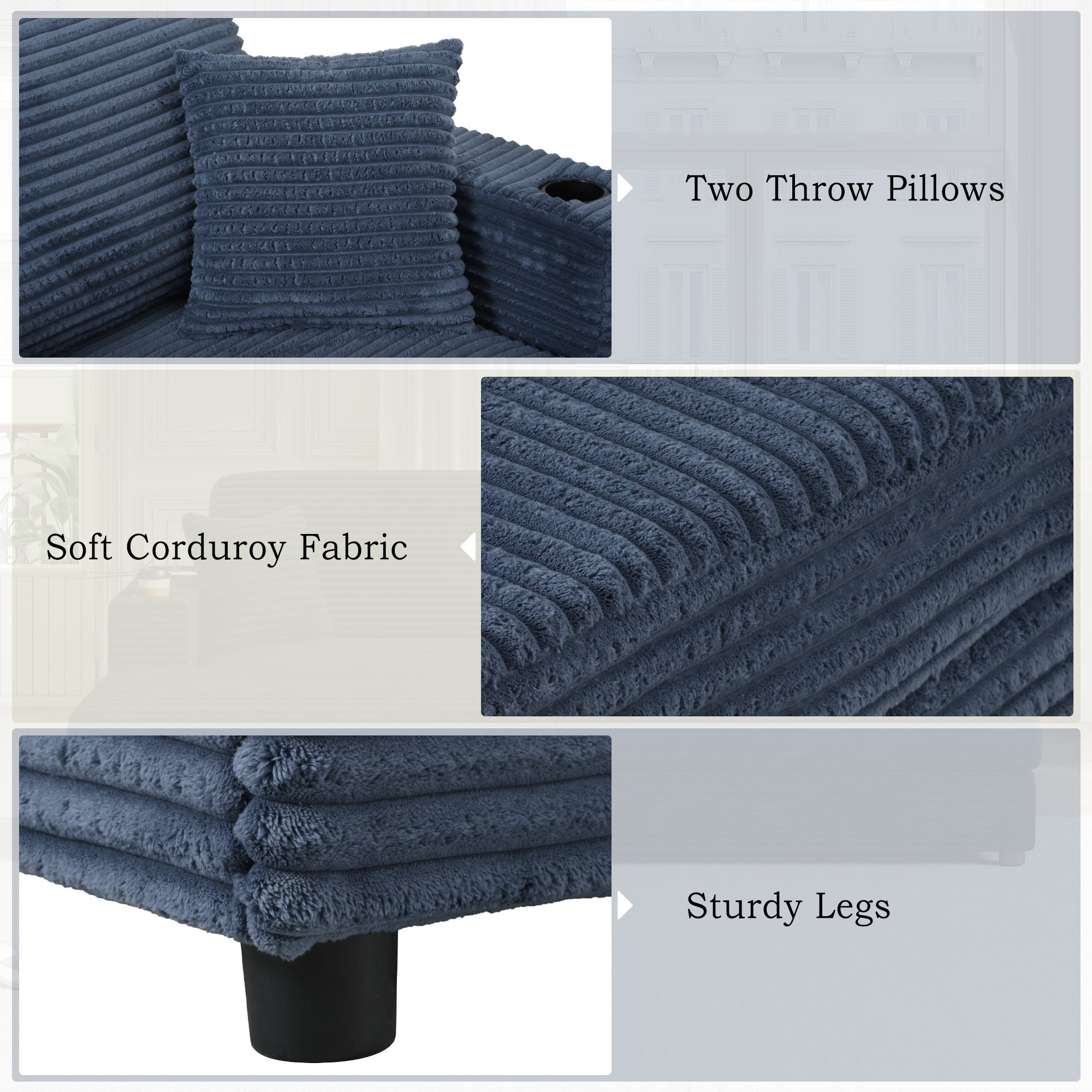 86.5 Oversized Loveseat Chaise Lounge Sectional Sofa Bed Corduroy Sleeper Sofa with Two USB Ports , Two Cup Holders and Two Throw Pillows for Living Room and Bedroom, Blue