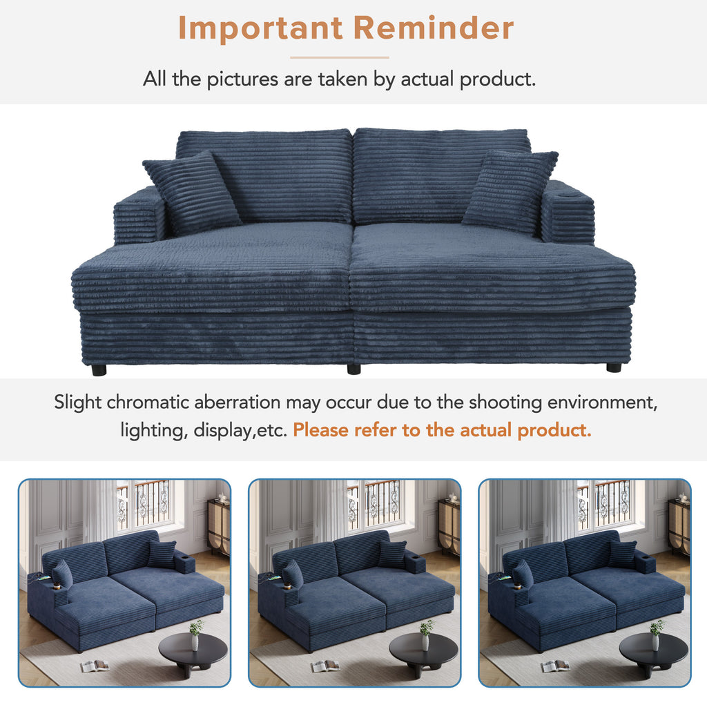 86.5 Oversized Loveseat Chaise Lounge Sectional Sofa Bed Corduroy Sleeper Sofa with Two USB Ports , Two Cup Holders and Two Throw Pillows for Living Room and Bedroom, Blue