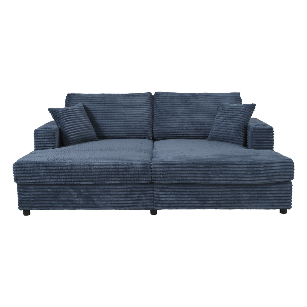 86.5 Oversized Loveseat Chaise Lounge Sectional Sofa Bed Corduroy Sleeper Sofa with Two USB Ports , Two Cup Holders and Two Throw Pillows for Living Room and Bedroom, Blue