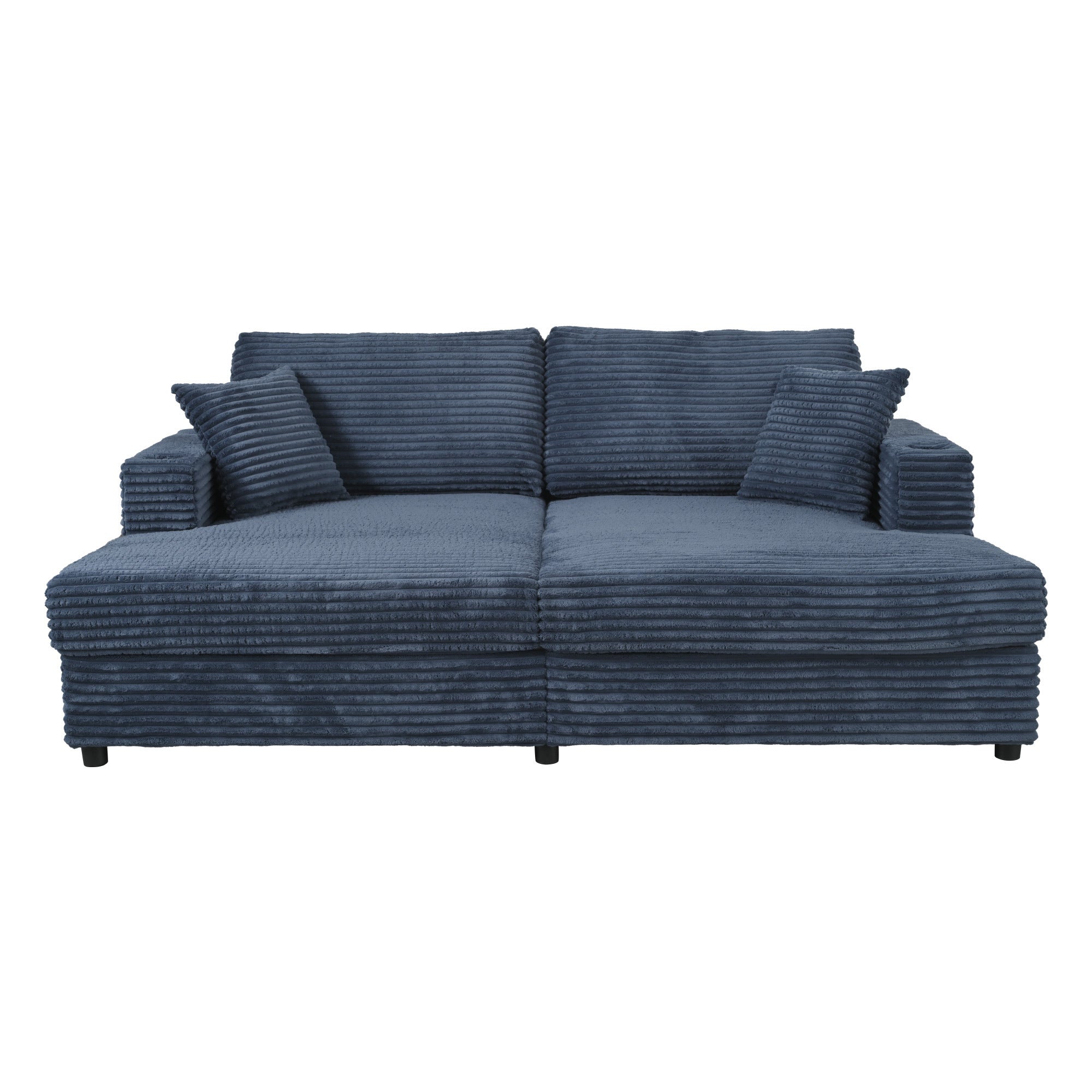 86.5 Oversized Loveseat Chaise Lounge Sectional Sofa Bed Corduroy Sleeper Sofa with Two USB Ports , Two Cup Holders and Two Throw Pillows for Living Room and Bedroom, Blue