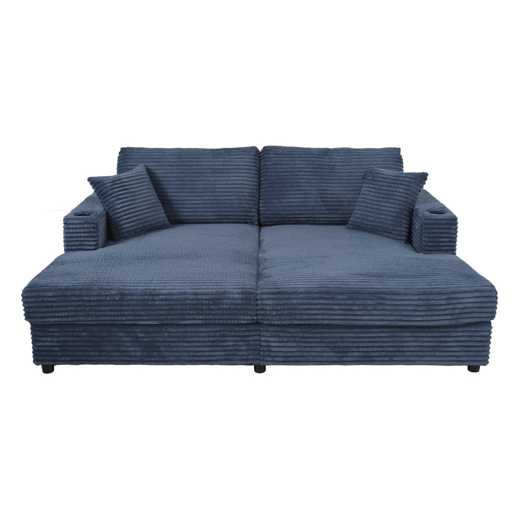 86.5 Oversized Loveseat Chaise Lounge Sectional Sofa Bed Corduroy Sleeper Sofa with Two USB Ports , Two Cup Holders and Two Throw Pillows for Living Room and Bedroom, Blue